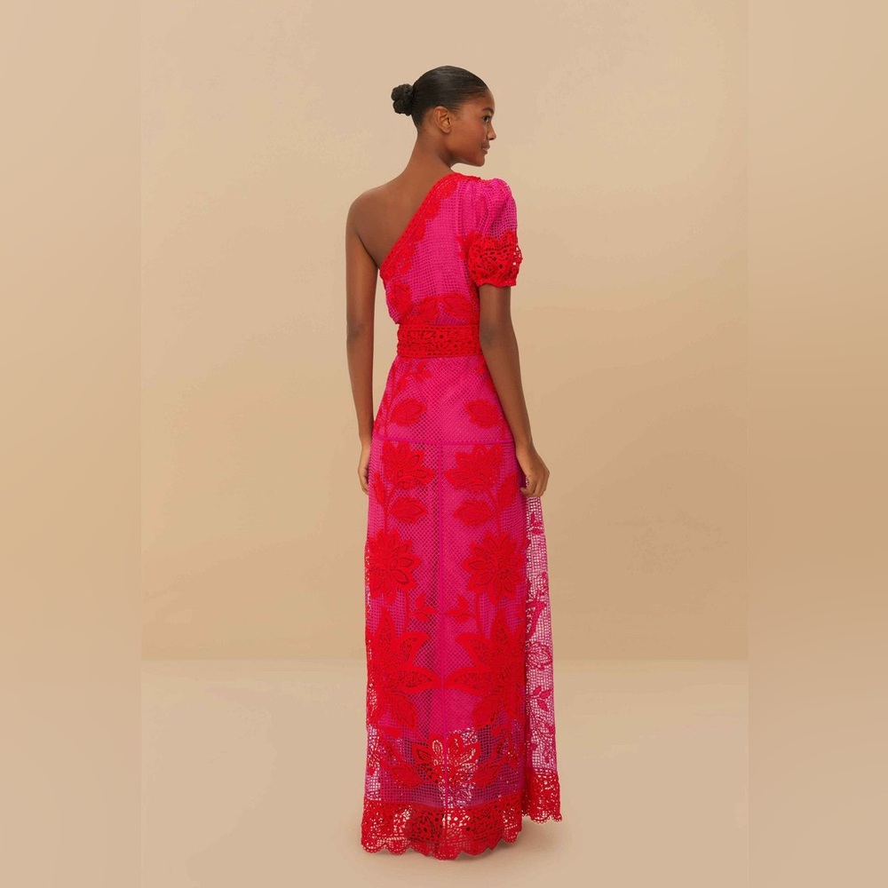 FARM Rio Bicolor Guipure One-Shoulder Maxi Dress Size Medium - Picture 4 of 11